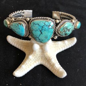 NATIVE AMERICAN INDIAN STERLING SILVER TURQUOISE BRACELET NAVAJO SOLID MATRIX